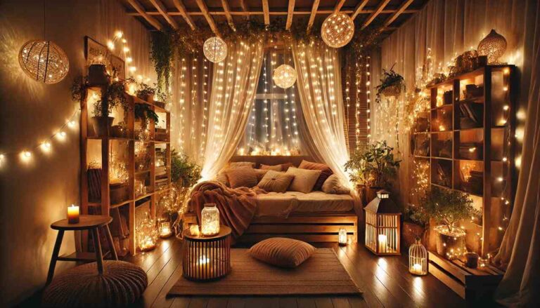 Fairy lights decorating a cozy indoor space with warm ambiance