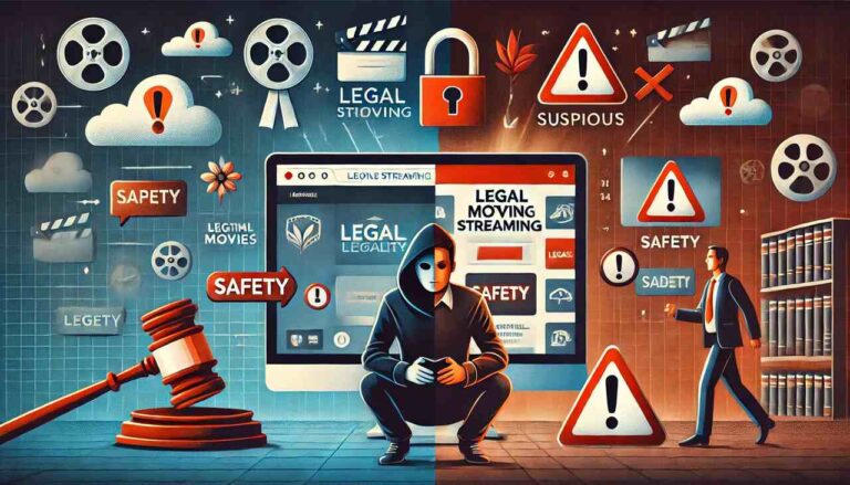 Legal vs illegal movie streaming platforms split-screen illustration.
