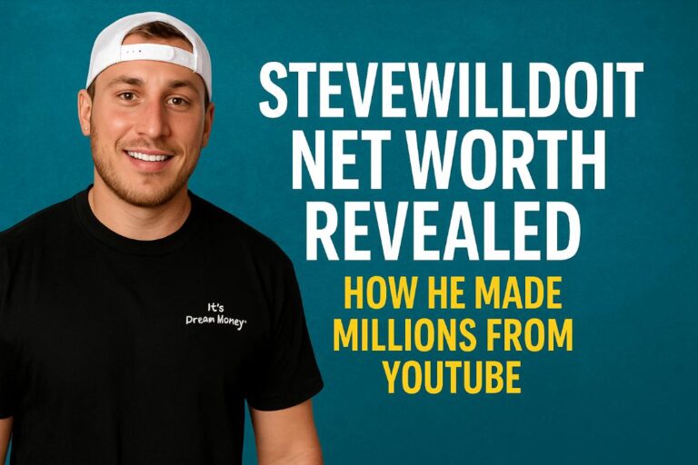 SteveWillDoIt smiling next to text revealing his net worth and YouTube success.