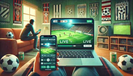 Person streaming a live soccer game on laptop and phone at home.