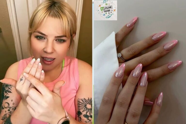 Woman demonstrating Glamnetic nails on left, close-up of pink almond-shaped nails on right.