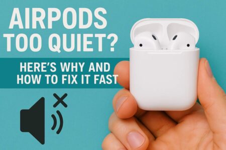 AirPods in hand next to muted volume icon and text asking how to fix quiet sound.