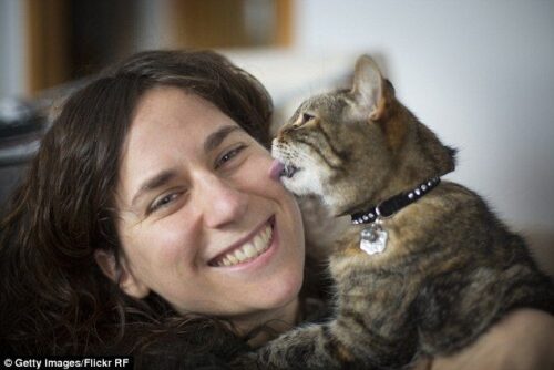 Tabby cat licking a smiling woman’s face.