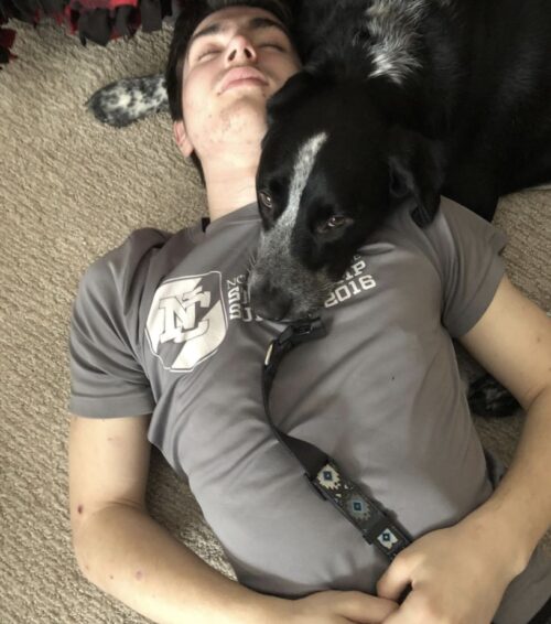 Black and white dog resting its head on a young man's chest as he lies on a carpeted floor.