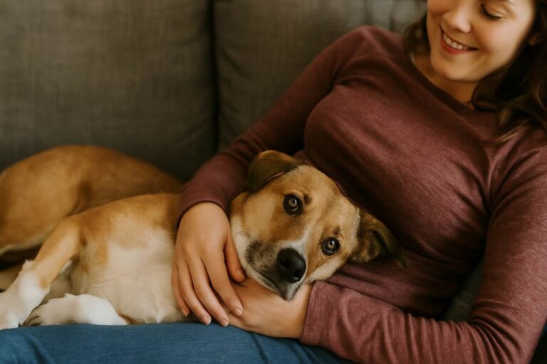 Dog lying on owner’s lap showing love and attachment.