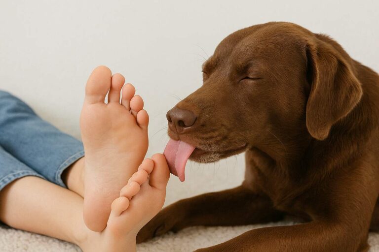 Dog licking a person’s foot as a sign of bonding and affection.