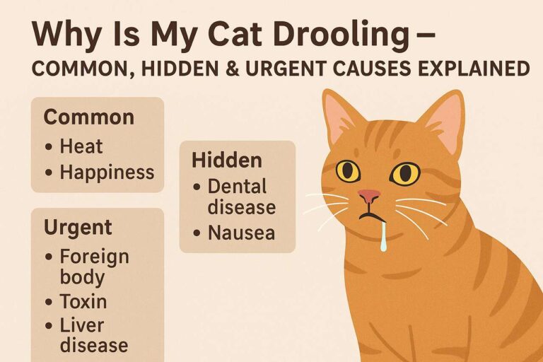 Illustration of a drooling orange tabby cat with labeled causes of drooling.