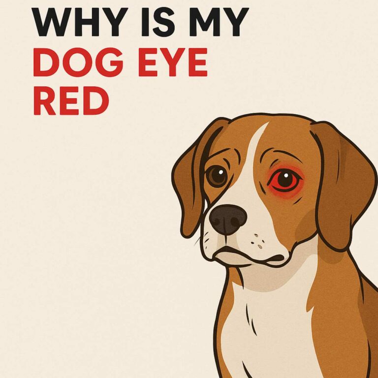 Dog with red eye and the title "WHY IS MY DOG EYE RED" displayed above.