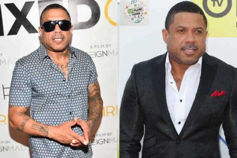 Benzino in casual outfit with tattoos on the left and in a black suit with red pocket square on the right.