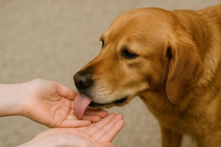 A realistic Golden Retriever gently licks a person's outstretched hand.