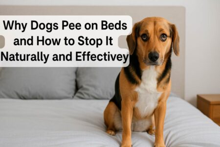 Dog sitting on a bed, representing solutions for dogs peeing on beds.