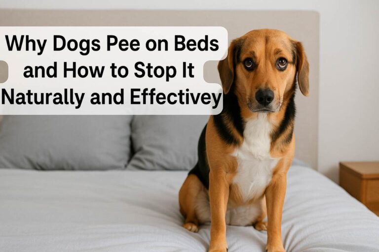Dog sitting on a bed, representing solutions for dogs peeing on beds.