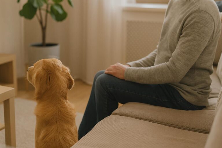 Dog sitting with back to owner showing trust