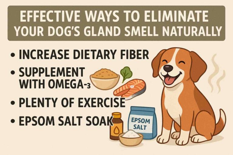 Natural remedies to reduce dog gland smell with illustrated dog and solutions.