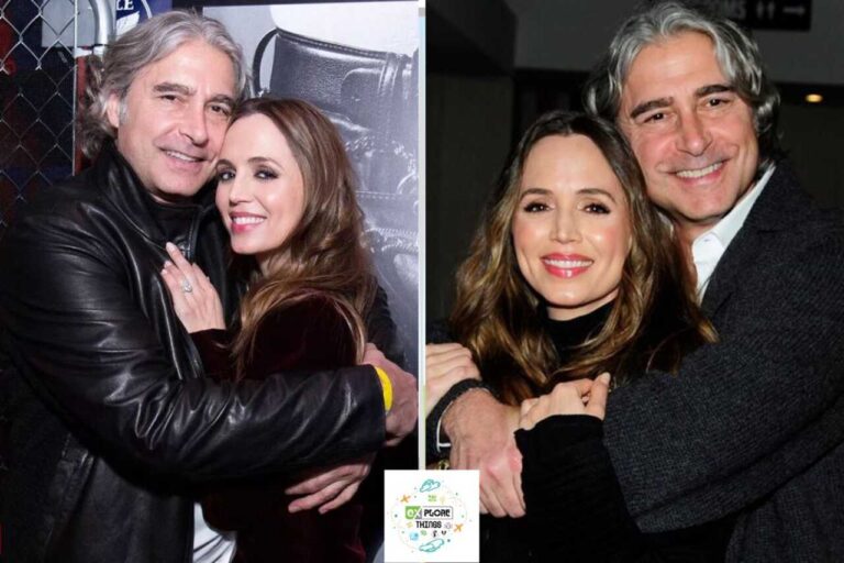 Peter Palandjian has gray hair and is wearing a black leather jacket in the left photo and a dark blazer in the right photo. Eliza has long brown hair, is wearing a dark outfit in both photos, and is smiling warmly.