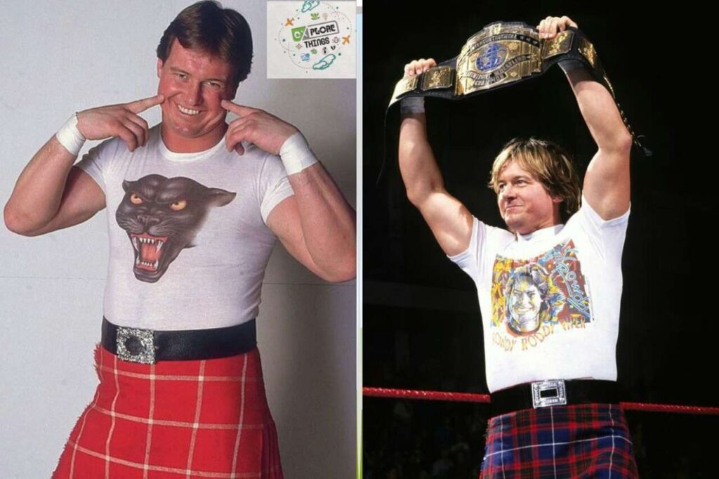 Roddy Piper: One showing him in a playful pose with a panther shirt and a red plaid kilt, and the other showing him holding up the WWE Intercontinental Championship belt in celebration.