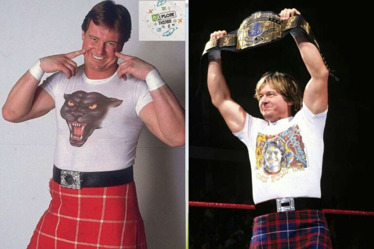 Roddy Piper: One showing him in a playful pose with a panther shirt and a red plaid kilt, and the other showing him holding up the WWE Intercontinental Championship belt in celebration.