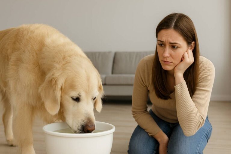 Senior golden retriever drinking excess water while owner looks concerned.