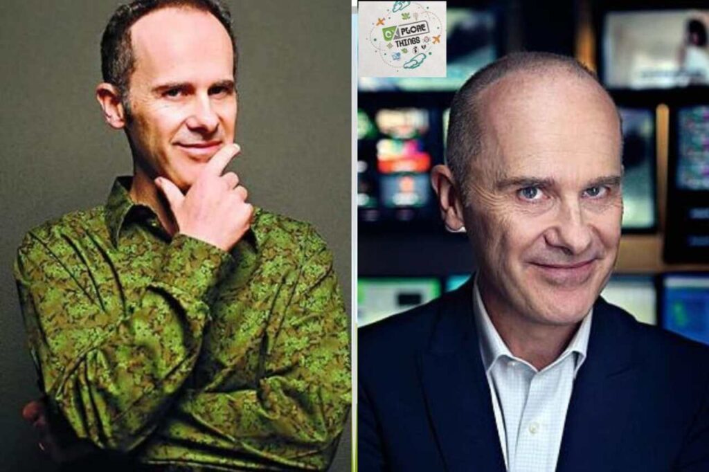 Side-by-side photos of Tom Gleisner — one in a green patterned shirt posing thoughtfully, and another in a suit smiling in front of TV monitors.