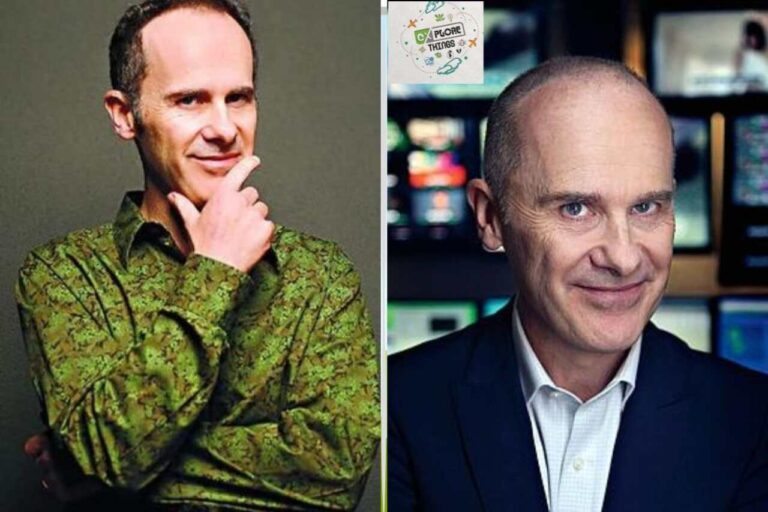 Side-by-side photos of Tom Gleisner — one in a green patterned shirt posing thoughtfully, and another in a suit smiling in front of TV monitors.