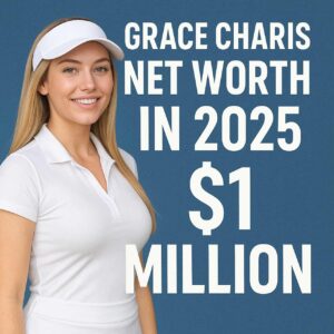 Grace Charis in white golf outfit with 2025 net worth of $1 million displayed.