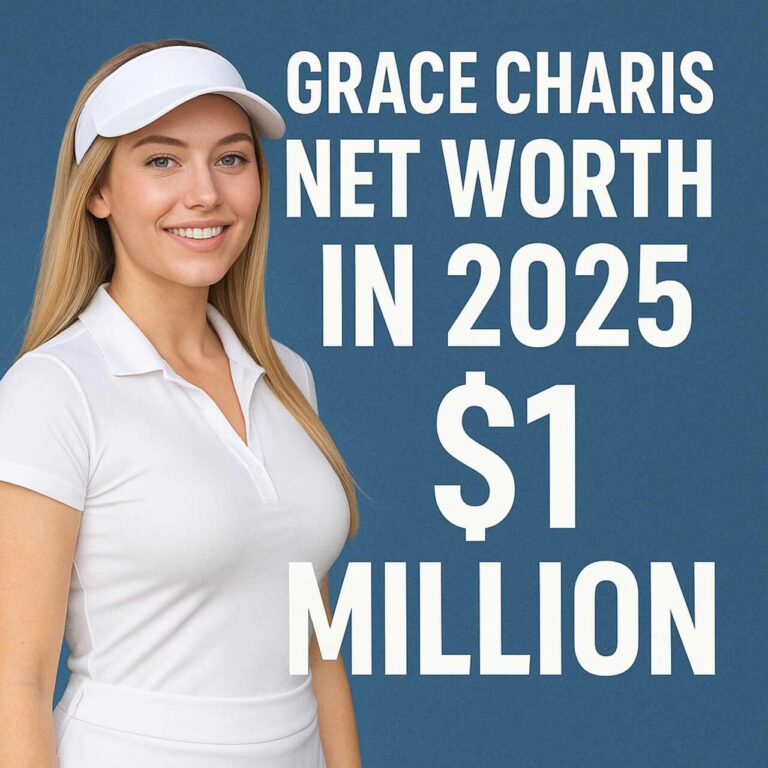 Grace Charis in white golf outfit with 2025 net worth of $1 million displayed.