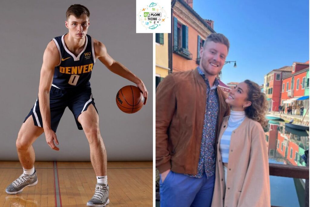 Christian Braun dribbling a basketball in Denver Nuggets uniform next to a couple posing affectionately in a colorful European town.