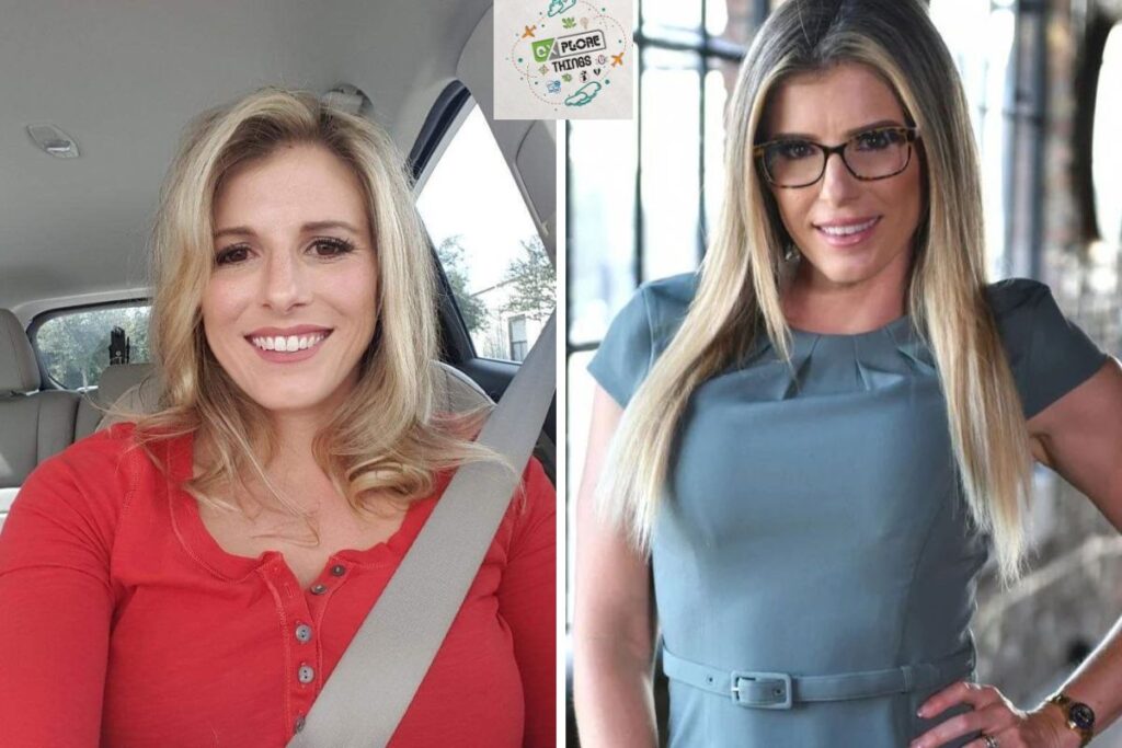 Side-by-side photo Cory Chase smiling in a car and posing confidently in a gray dress with glasses.