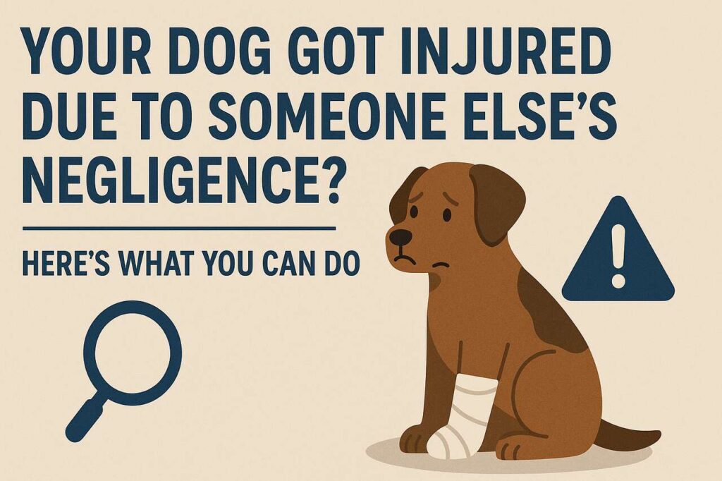 Injured dog with bandaged paw and legal icons about negligence.