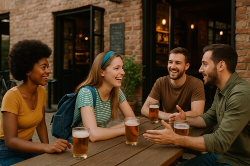 Group of young adults socializing outdoors at a pub table, smiling and chatting.