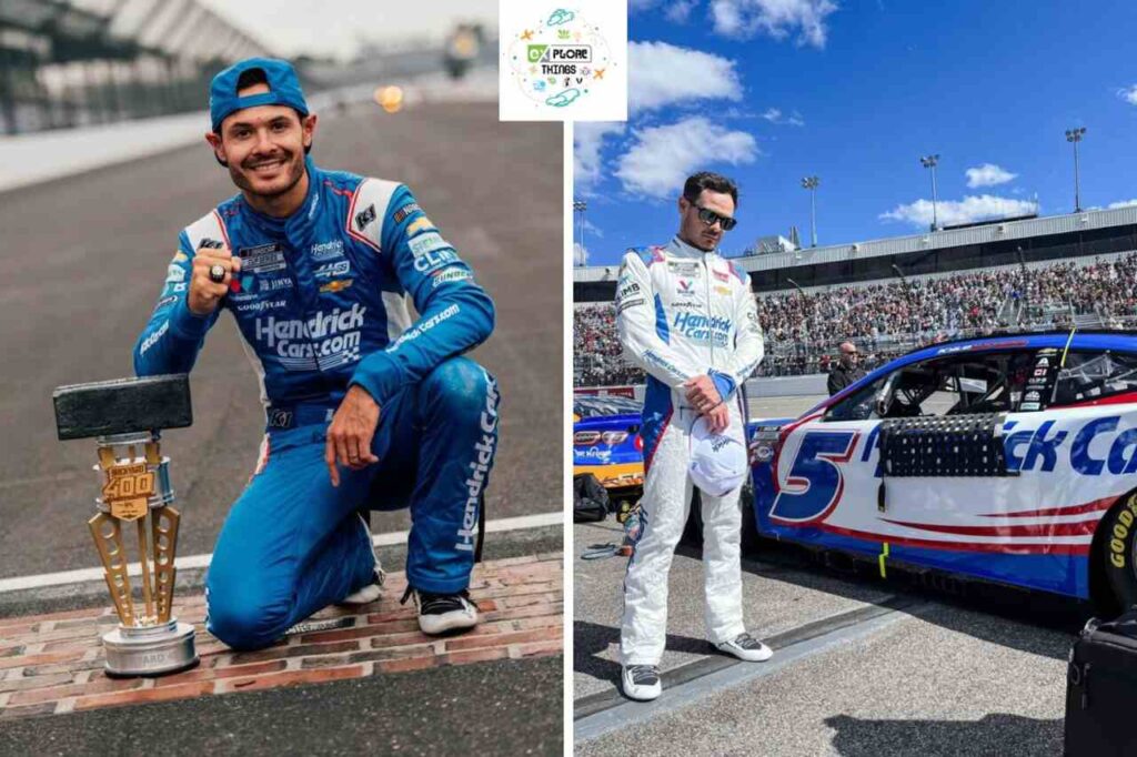 Kyle Larson in racing gear celebrating with a trophy on the left and standing next to his #5 Hendrick Motorsports car on the right during a NASCAR event.