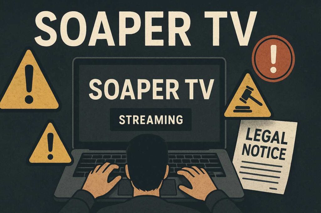 Cautionary concept image of Soaper TV streaming with warning signs and legal risk indicators