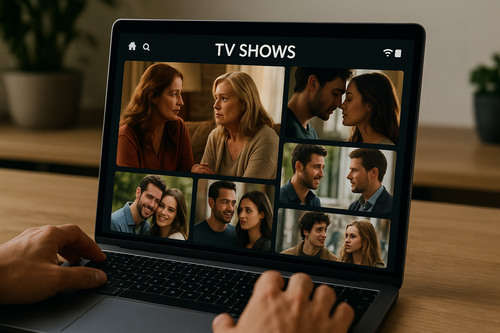 A person using a laptop to browse a grid of drama and soap-opera style TV show thumbnails on a streaming interface, shown in a warm indoor setting.