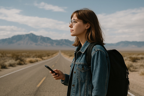 Solo traveler standing on a road in the desert looking at distant mountains.