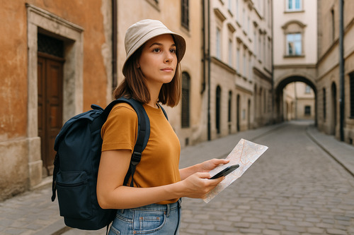 Solo female traveler with a map on a European cobblestone street.
