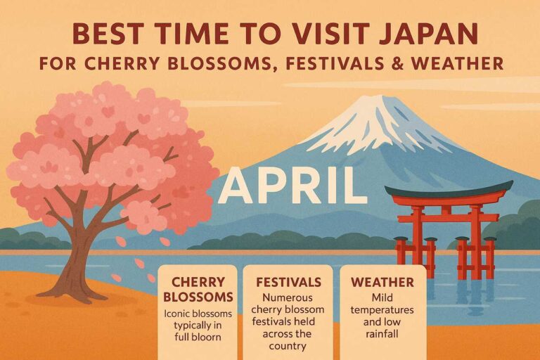 Best Time to Visit Japan for Cherry Blossoms, Festivals & Weather Japan in spring with cherry blossoms, Mount Fuji, and torii gate.