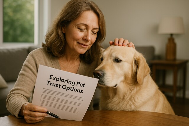 A woman gently pets her Golden Retriever while sitting at a table in a cozy living room.