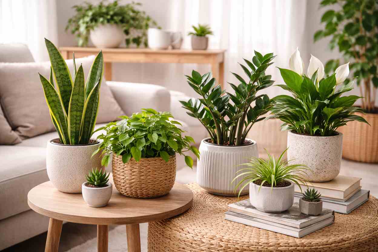 Low-maintenance indoor plants arranged in a bright living room, adding natural greenery and warmth without requiring complex care