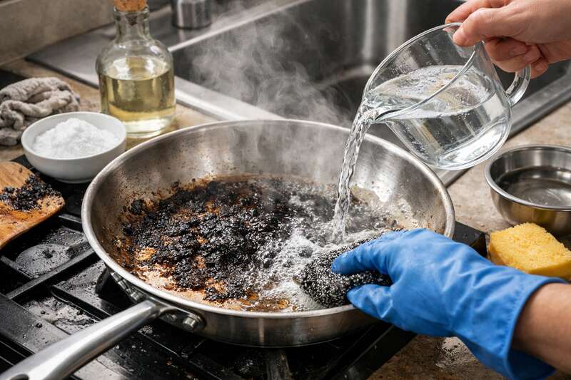 Close-up of a person cleaning a burnt stainless steel pan in a kitchen using a scrubber while pouring hot water over the charred food residue.