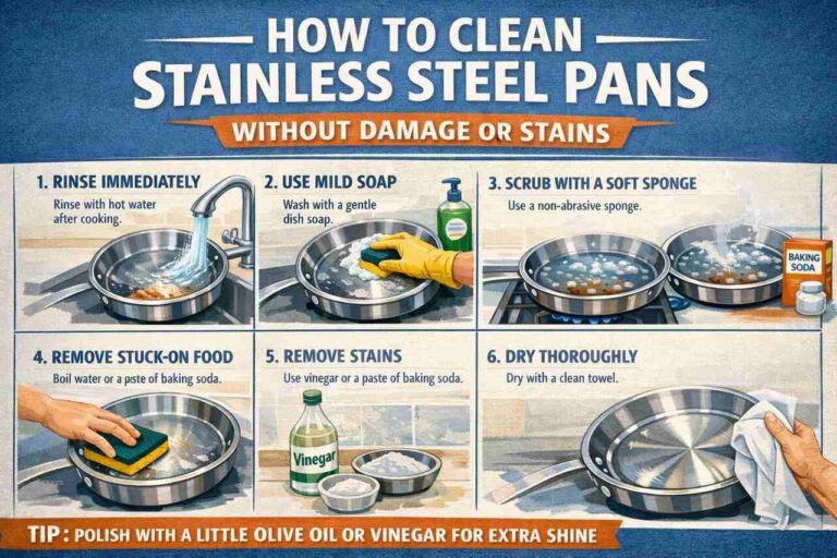 Landscape infographic on how to clean stainless steel pans safely and effectively.