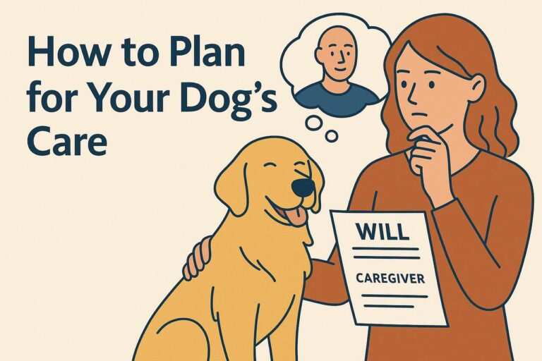 How to Plan for Your Dog’s Care and Designate a Caregiver in Your Will A flat-style illustration showing a woman thoughtfully holding a “will” document beside her happy golden retriever. The left side displays the text “How to Plan for Your Dog’s Care.” A thought bubble above the woman shows a potential caregiver.