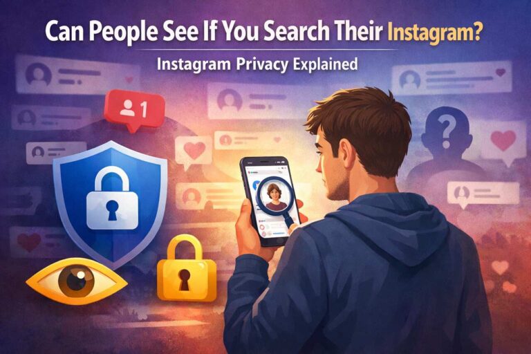 Person searching Instagram profiles with privacy icons in the background