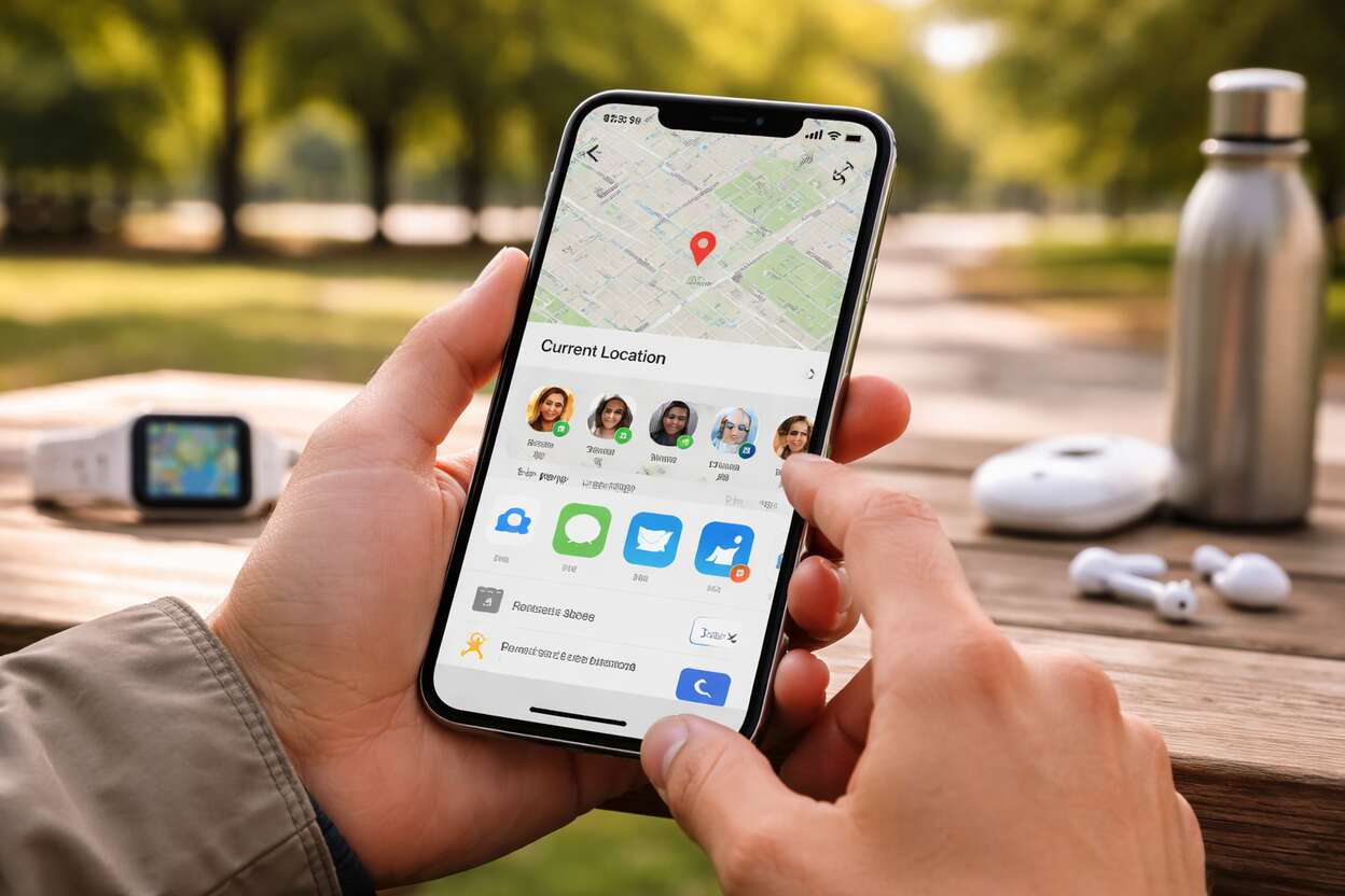 Person holding an iPhone displaying Apple Maps with a location pin and share options visible while sitting outdoors at a park.