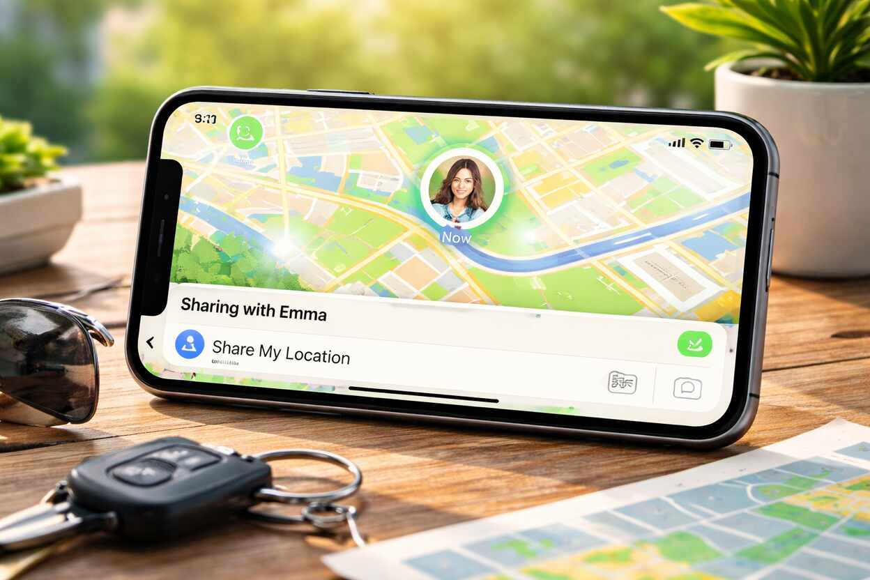 iPhone displaying the Find My app sharing live location on a wooden table.