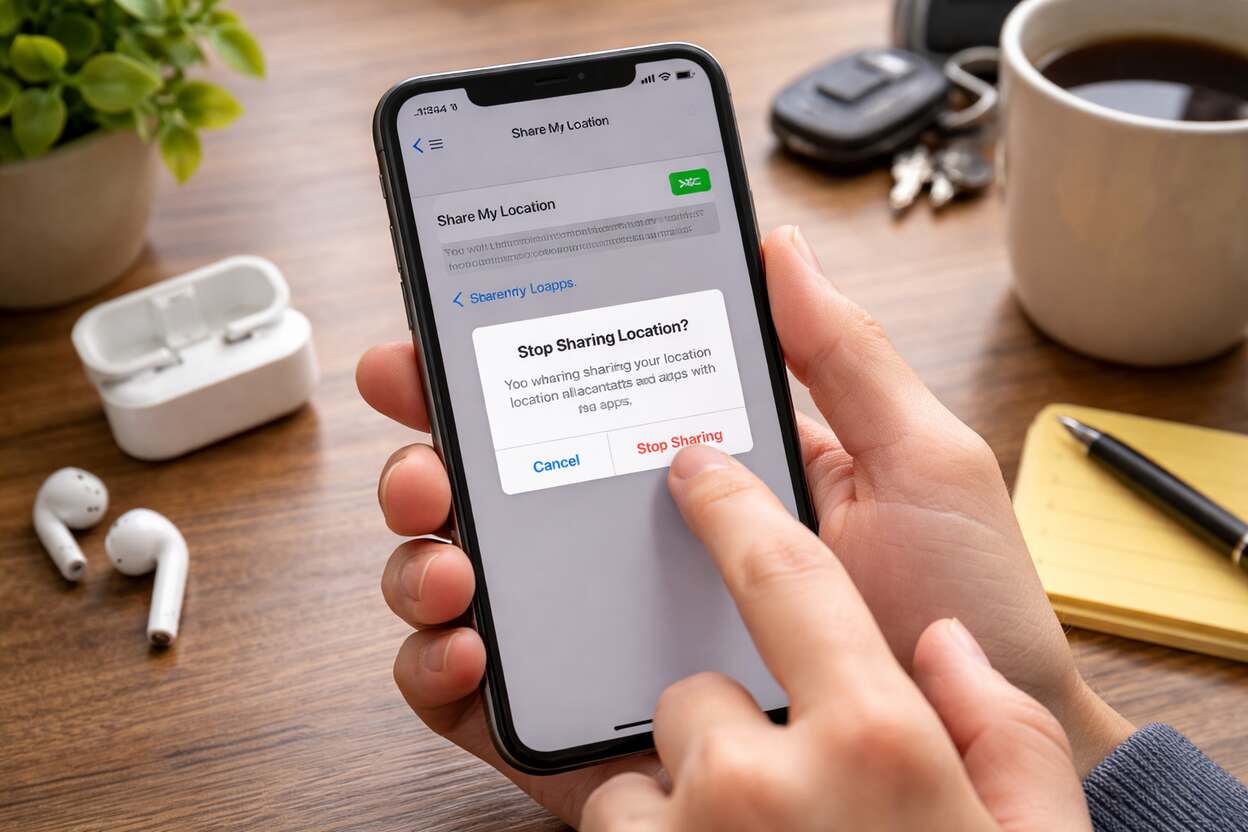 A person holding an iPhone and tapping the option to stop location sharing, with everyday items like wireless earbuds, a coffee mug, and a notebook placed on a wooden desk.