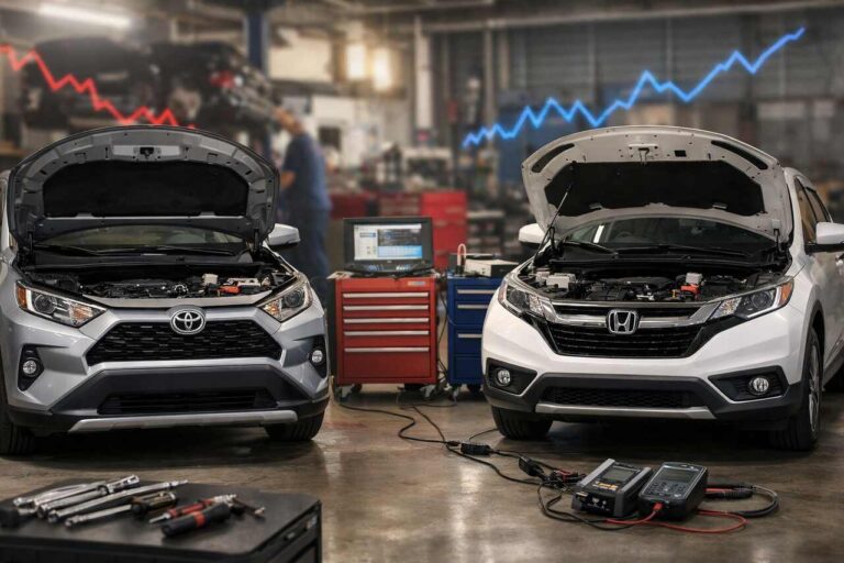 Two compact SUVs from Toyota and Honda parked side by side in an auto repair workshop with open hoods, diagnostic tools, and mechanics equipment visible, illustrating a vehicle reliability comparison.