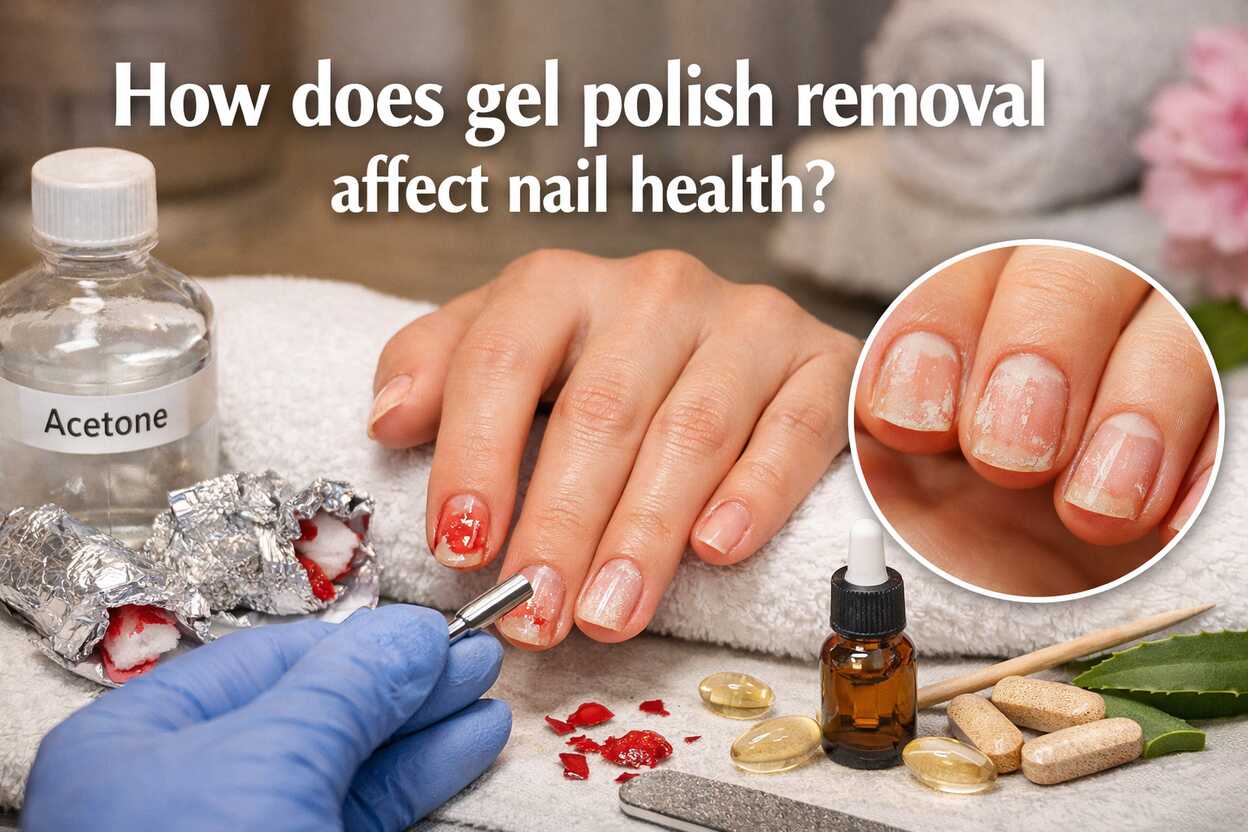 Gel nail polish removal process showing acetone-soaked foil wraps and nail filing, highlighting how gel polish removal affects nail health by causing thinning, dryness, and brittleness.