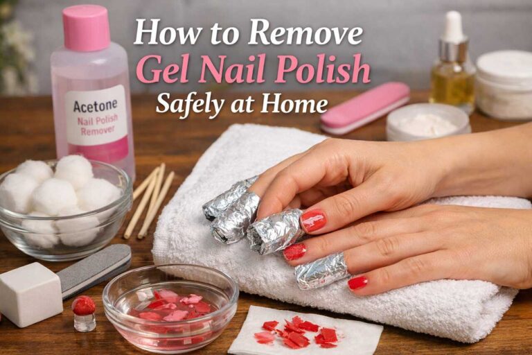How to Remove Gel Nail Polish Safely at Home Hands removing gel nail polish at home using acetone, foil wraps, cotton balls, and nail care tools