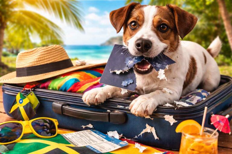 Dog chewing a torn passport on a suitcase, surrounded by Jamaican travel items like sunglasses, boarding pass, and tropical accessories at a beach setting."