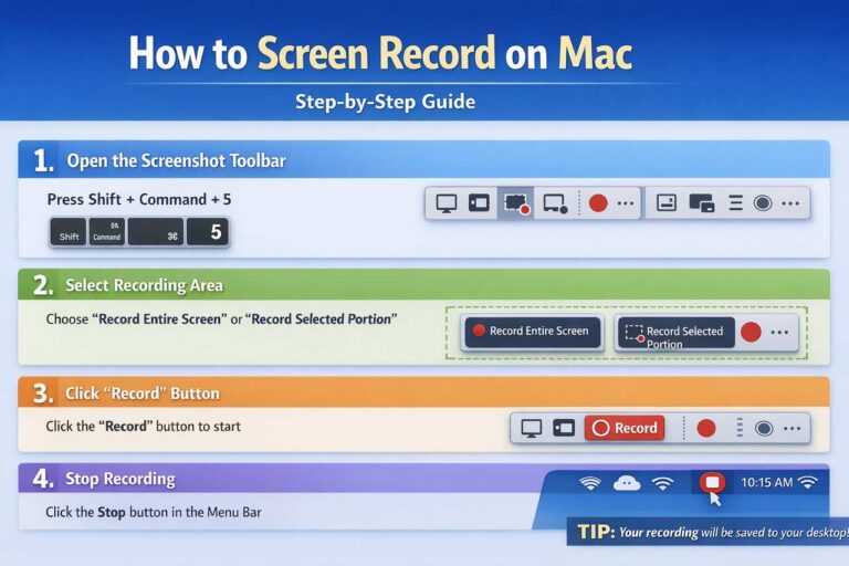 How to Screen Record on Mac Step by Step With Audio Options and Best Settings Landscape infographic on how to screen record on Mac.